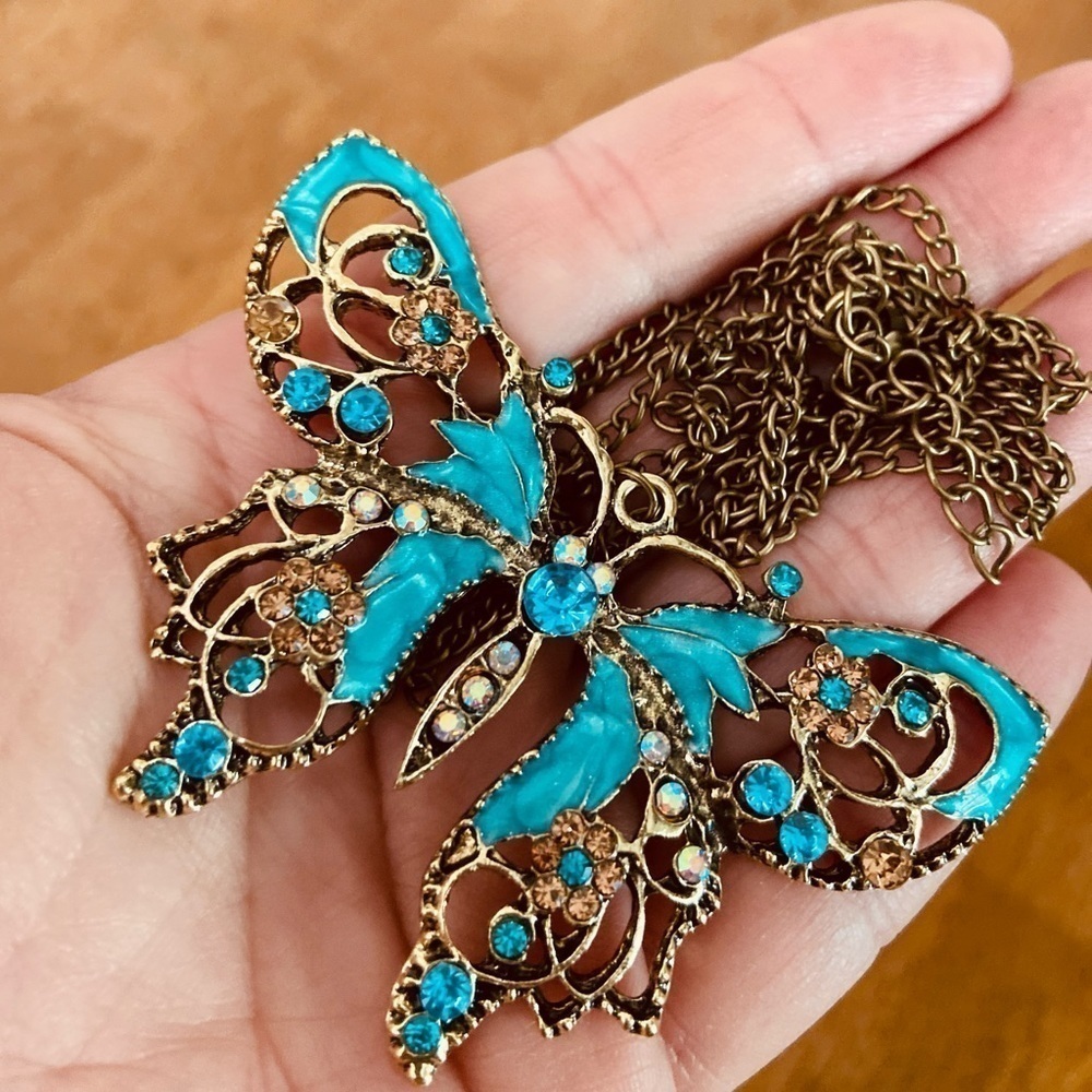 Boho Teal Butterfly Pendant Necklace Art Nouveau Enamel Rhinestone Cottagecore - Picture 10 of 12